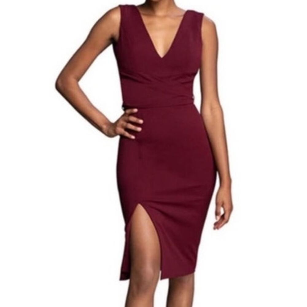 Dress The Population Alessia Wine Burgundy V-Neck Tie Waist Crepe Size XS NWT
